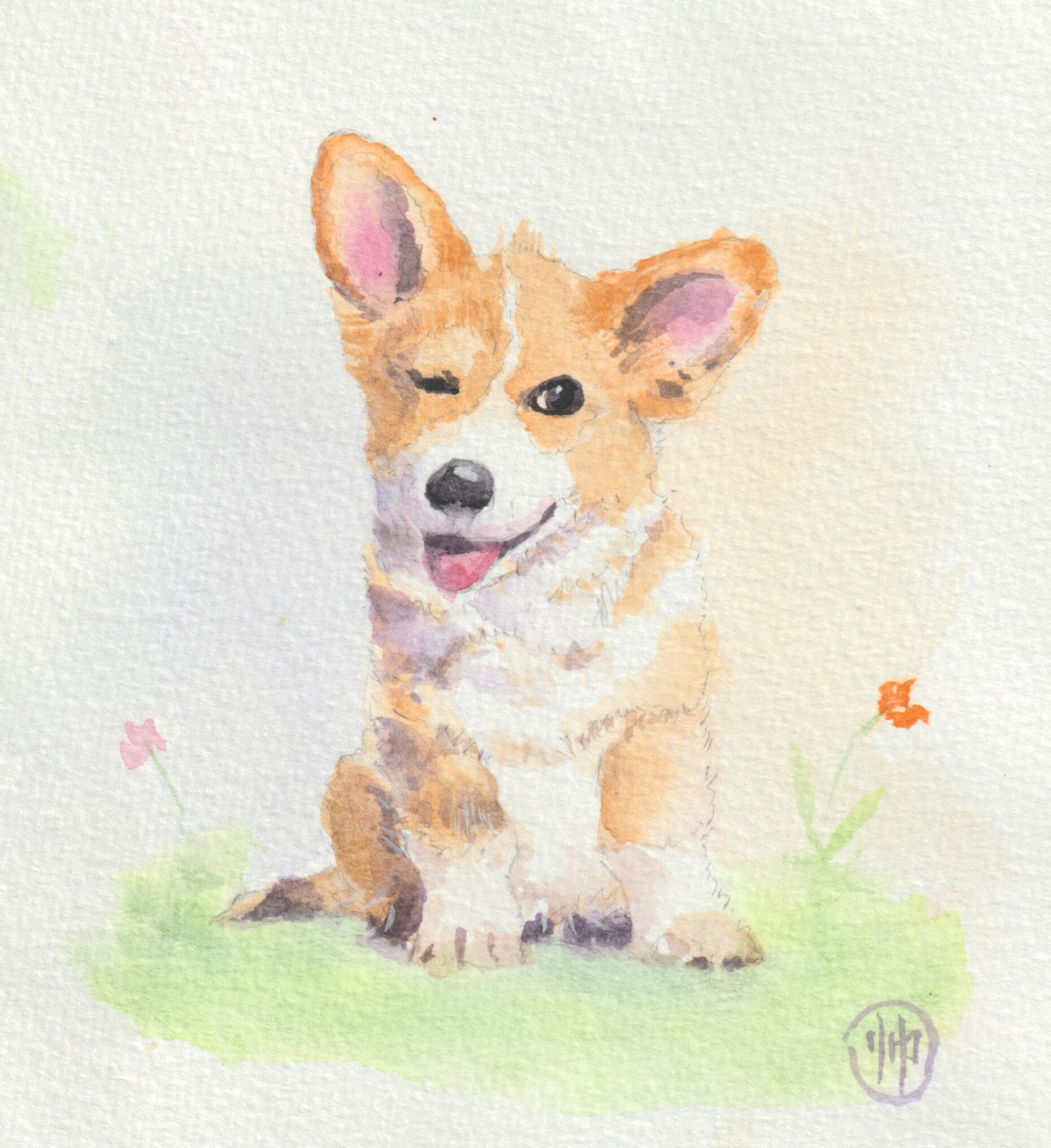 Where Our Watercolor Journey Begins Watercolor painting of a smiling corgi sitting on the grass